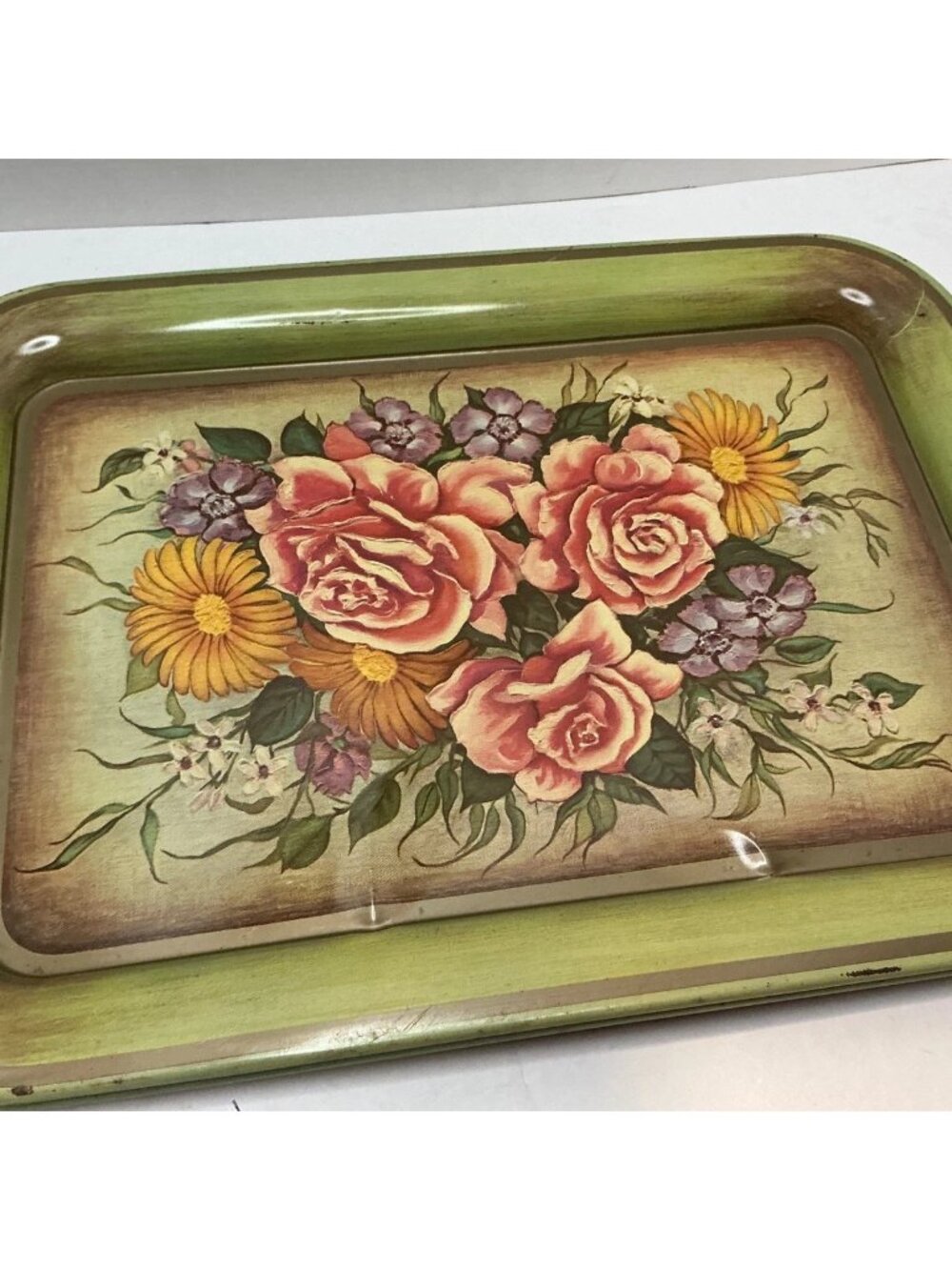 Vintage Metal Set Of 6 Serving Trays Floral Rose Daisy Green - 17"L